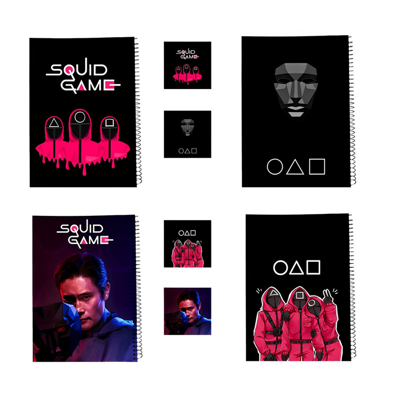دفتر مشق 100 برگ طرح اسکویید گیم مدل Squid Game کد01 به همراه برچسب مجموعه 8 عددی