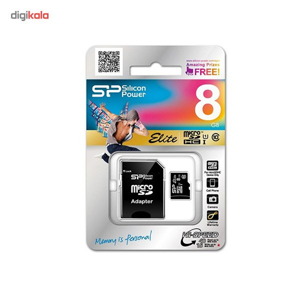 کارت حافظه سیلیکون پاور مدل الیت UHS-I Class10 8GB 40MBs به همراه آداپتور تبدیل - 8GB