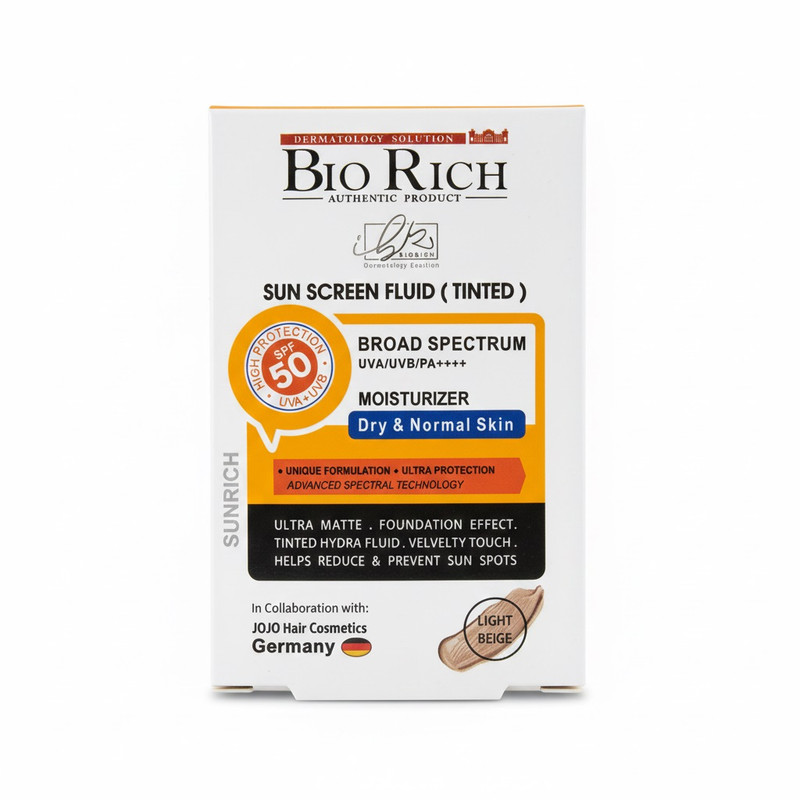 فلوئید ضد آفتاب رنگی صورت بایوریچ SPF 50 مدل BROAD SPECTRUM محافظ UVA ،UVB و PA+++ مناسب برای پوست‌ خشک و معمولی حجم 50 میلی‌لیتر