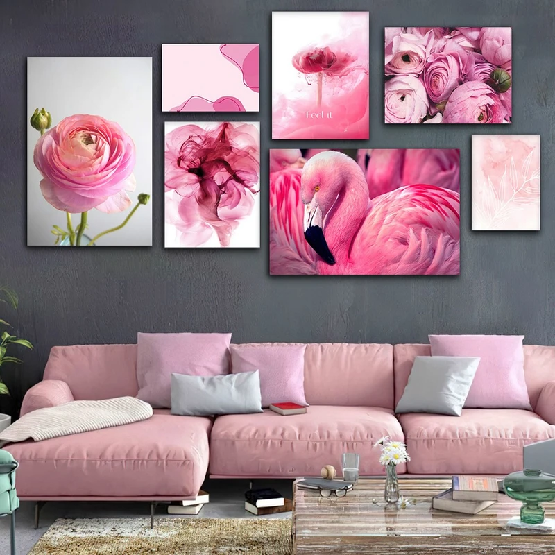 تابلو شاسی بکلیت طرح طبیعت و گل رز صورتی و فلامینگو مدل SH-728 مجموعه 7 عددی