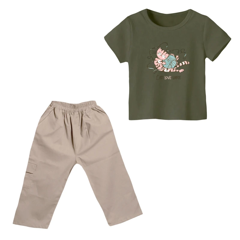 ست تی شرت و شلوارک دخترانه مدل گربه کد 18