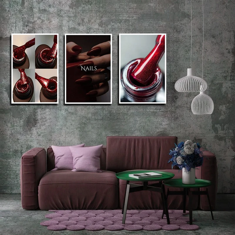 تابلو بکلیت طرح سالن زیبایی و کاشت ناخن مدل W-4071 فریم سفید مجموعه 3 عددی