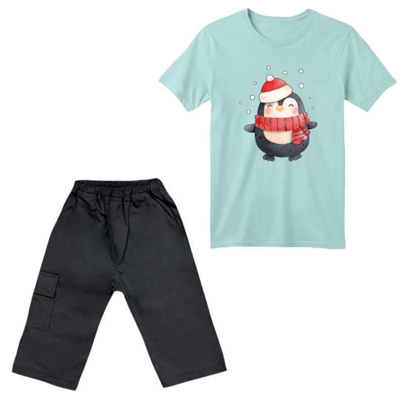 ست تی‌شرت آستین کوتاه و شلوارک پسرانه مدل پنگوئن کد ۹