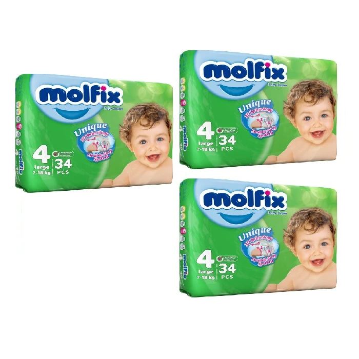 عکس شماره 2 : پوشک بچه مولفیکس سایز 4 مدل pk3434 سه بسته 34 عددی