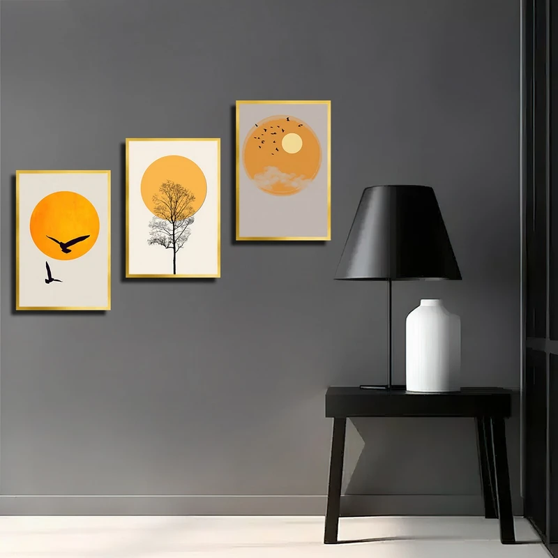 تابلو بکلیت طرح نقاشی خورشید و درخت مدل T-3866 فریم طلایی مجموعه 3 عددی