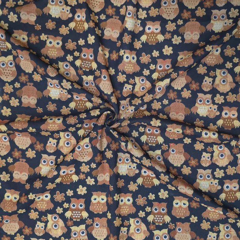 پارچه لباس عرض 1.5 متر مدل شانتون نخ اندونزی طرح جغد رنگ قهوه‌ای