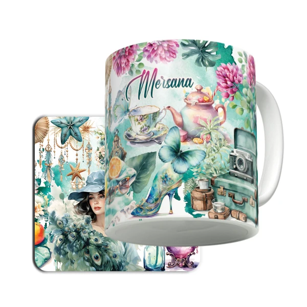 ماگ لاژید مدل اسم مرسانا طرح نقاشی آبرنگ به همراه زیر لیوانی