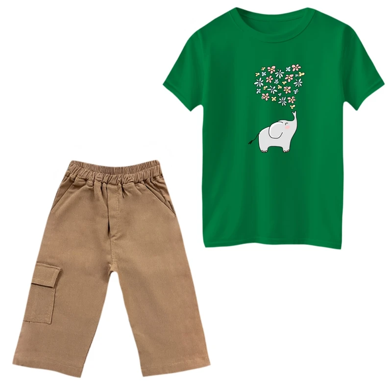 ست تی‌شرت و شلوارک دخترانه مدل فیل و گل