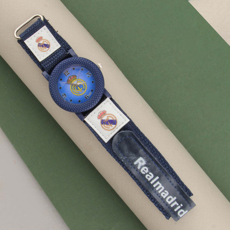 ساعت  مچی عقربه ای پسرانه مدل ورزشی بند کتان چسبی طرح رئال مادرید کد WHK_095