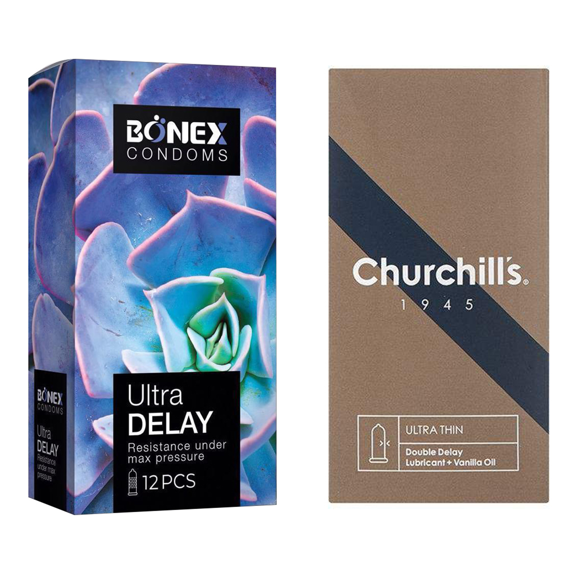 کاندوم چرچیلز مدل Ultra Thin Double Delay بسته 12 عددی به همراه کاندوم بونکس مدل Ultra Delay بسته 12 عددی 
