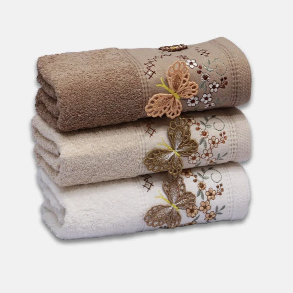 حوله دست و صورت بهبافت آذر مدل جعبه پروانه ها کد 00 سایز 50x30 سانتی متر مجموعه سه عددی