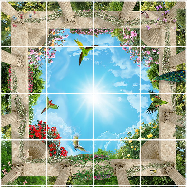 تایل سقفی آسمان مجازی طرح گلها و طوطی کد ST 6123-16 سایز 60x60 سانتی متر مجموعه 16عددی