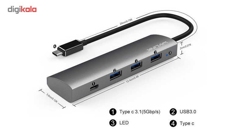 هاب4 پورت USB-C به همراه Power Delivery ویولینک مدل WL-UH3047C1