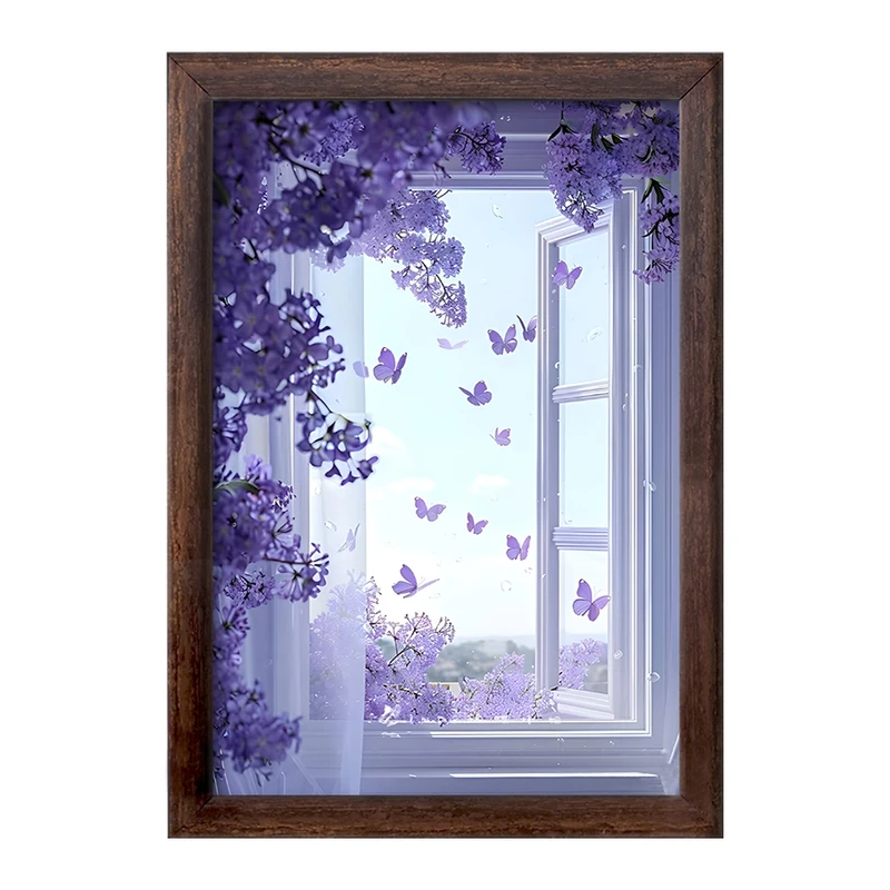 تابلو خندالو طرح پنجره و گل های بنفش کد F7289