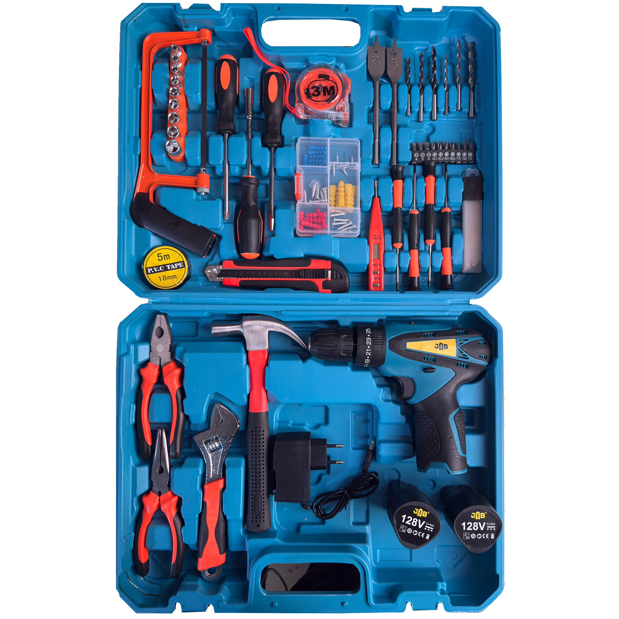 مجموعه 199 عددی دریل پیچ گوشتی چکشی شارژی 10 میلی متری 128 ولت جاب مدل JB-128 GRE