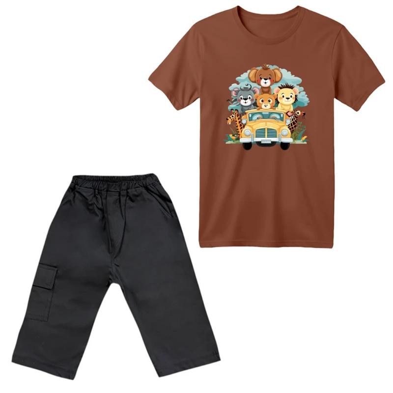 ست تی‌شرت آستین کوتاه و شلوارک پسرانه مدل حیوانات و ماشین