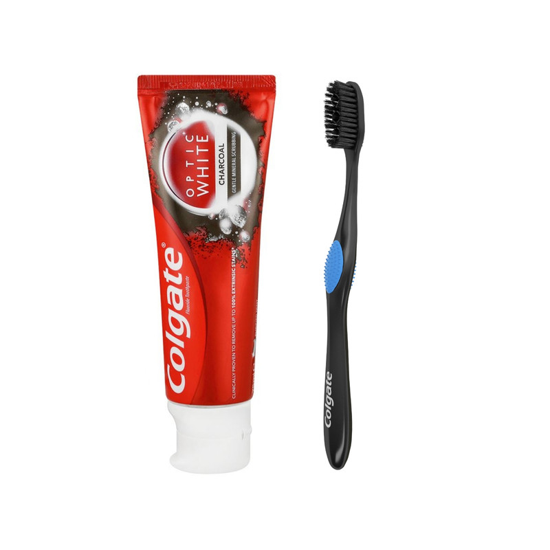 خمیر دندان کلگیت سری Optic White مدل CHARCOAL به همراه مسواک کلگیت مدل ذغالی با برس متوسط