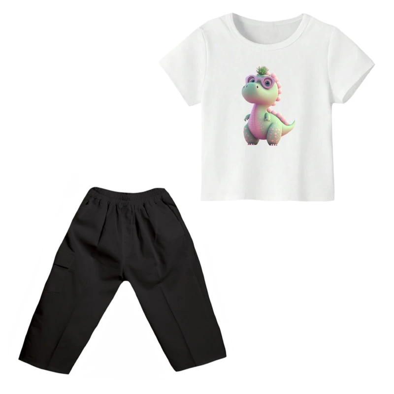 ست تی شرت و شلوارک پسرانه مدل دایناسور کد ۷ رنگ سفید