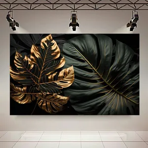 تابلو بوم طرح مخمل متالیک برگ مدل رگه طلایی کد AR304040