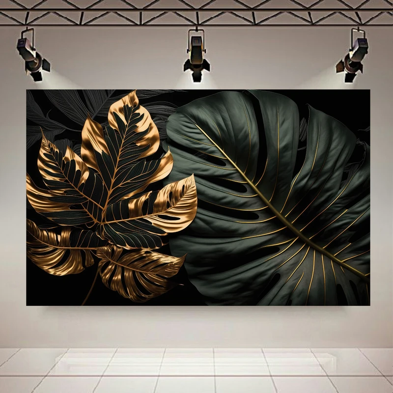 تابلو بوم طرح مخمل متالیک برگ مدل رگه طلایی کد AR304040