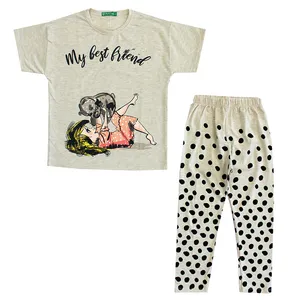 ست تی شرت و شلوارک دخترانه مدل خالخالی رنگ کرم