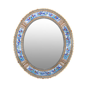 آینه خاتم کاری مدل الیپس طرح گل و مرغ برجسته کد 68p58-3f4Bl