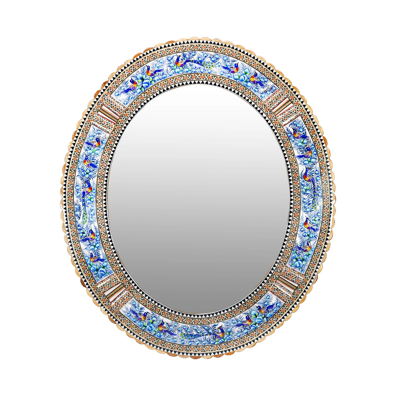 آینه خاتم کاری مدل الیپس طرح گل و مرغ برجسته کد 68p58-3f4Bl