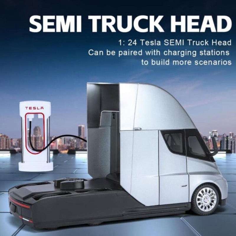 ماکت ماشین ناب سل مدل تریلی فلزی کشنده تسلا سمی موزیکال چراغدار همراه با ایستگاه شارژ TESLA Semi Truck Model Trailer NAAB001