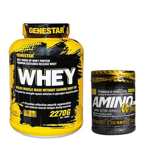 پودر پروتئین وی ژن استار - 2270 گرم به همراه قرص آمینو وی 2000 ژن استار بسته 325 عددی