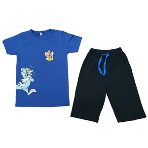 ست تی شرت و شلوارک بچگانه مدل موش وگربه رنگ آبی