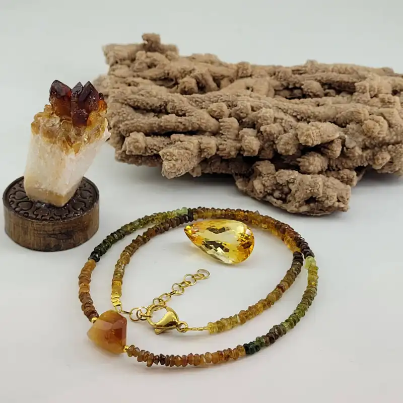 گردنبند زنانه مدل سنگ زیرکن جواهری و سیترین کد 937