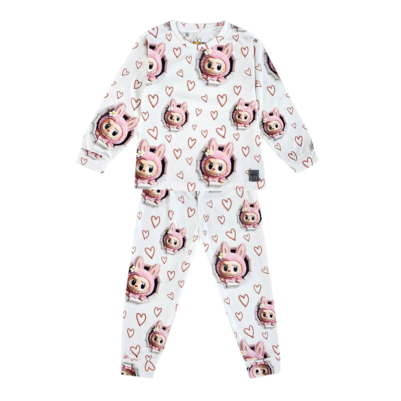 ست تی‌شرت آستین بلند و شلوار راحتی دخترانه مدل لبوبو قلبی