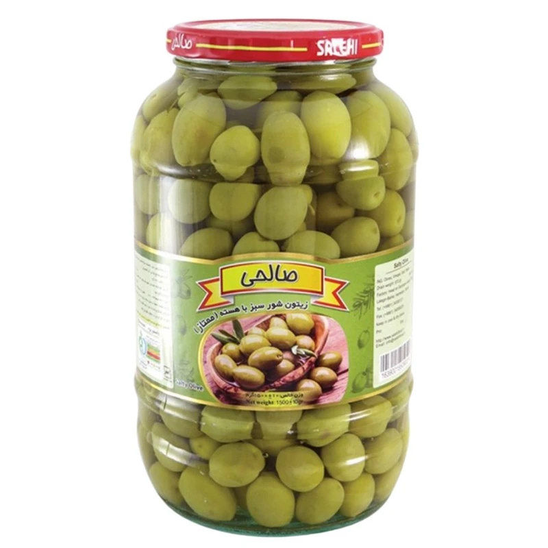 زیتون شور سبز پاستوریزه هسته دار صالحی - 1300 گرم مجموعه 6 عددی