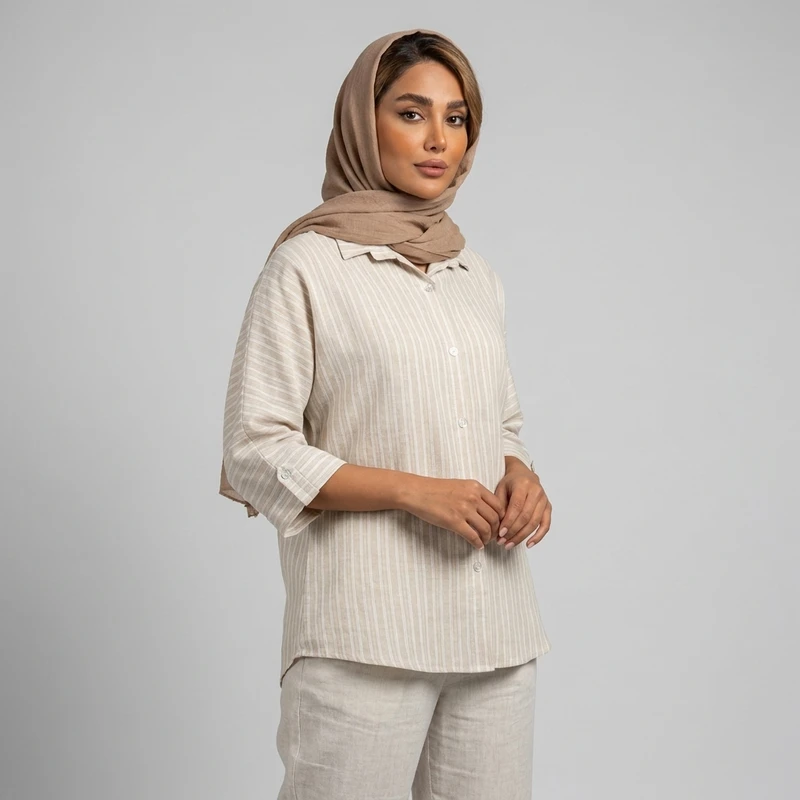 مانتو زنانه راه‌راه لینن با دکمه مدل 113147