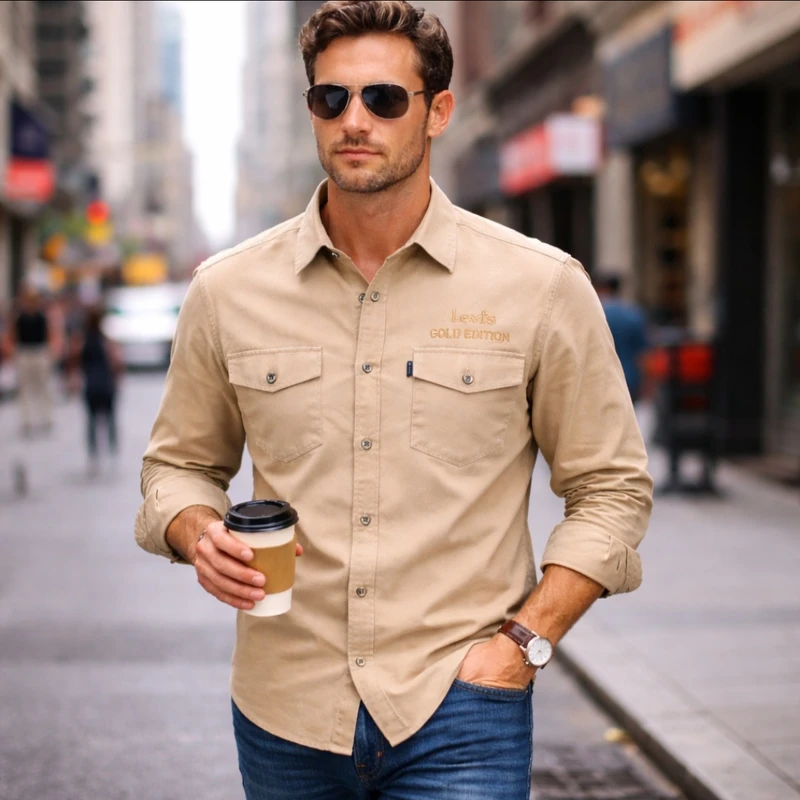 پیراهن آستین بلند یقه برگردان مردانه مدل دوجیب شکاری کتان کد w12