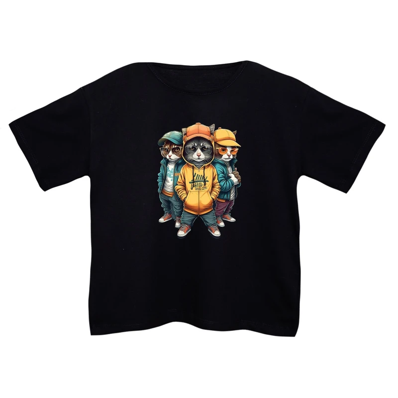 کراپ‌تی شرت آستین کوتاه زنانه مدل گربه کد 6