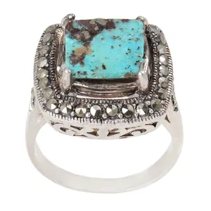 انگشتر نقره زنانه بازرگانی میلادی مدل فیروزه طبیعی نگین مارکازیت کد  AW_505