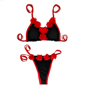 ست شورت و سوتین زنانه مدل شکوفه ای رنگ قرمز