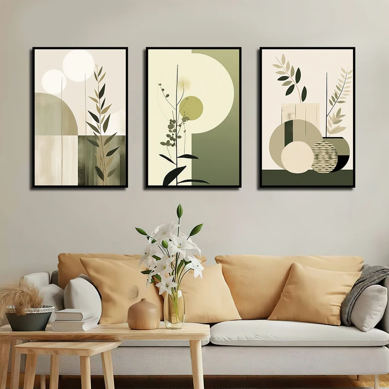 تابلو بکلیت طرح نقاشی مینیمال برگ مدل B-3414 فریم مشکی مجموعه 3 عددی 