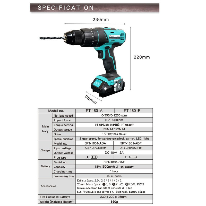 دریل پیچ گوشتی پروسکیت مدل PT-1801F