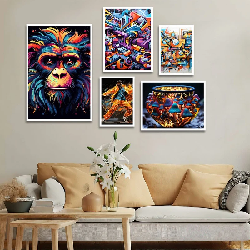 تابلو بکلیت طرح نقاشی دکوراتیو رنگ روغن میمون مدل W-1342 مجموعه 5 عددی