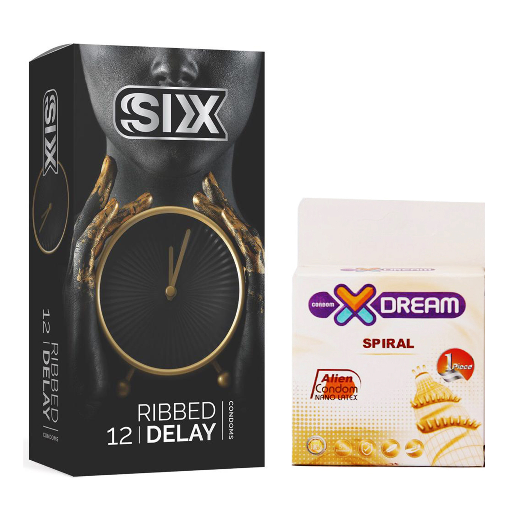کاندوم سیکس مدل Ribbed Delay بسته 12 عددی به همراه کاندوم ایکس دریم مدل Spiral