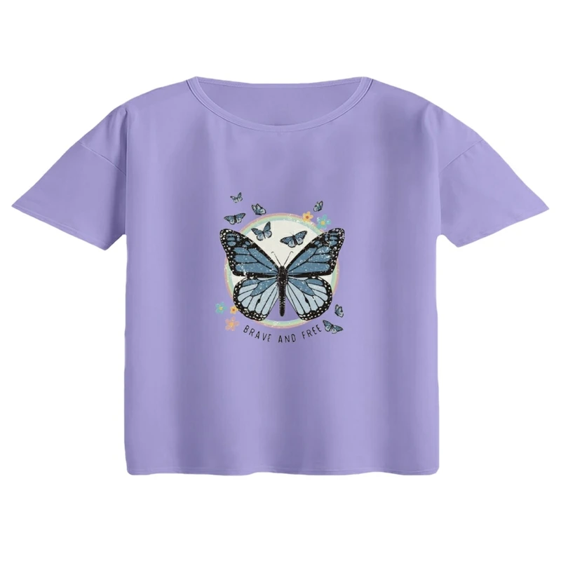 کراپ تی‌شرت آستین کوتاه زنانه مدل پروانه کد 03