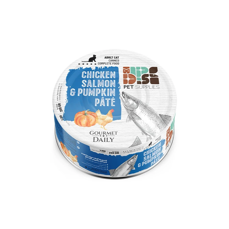 کنسرو غذای گربه بالغ دی پی اس مدل پته با طعم گوشت مرغ و سالمون و کدو وزن 200 گرم