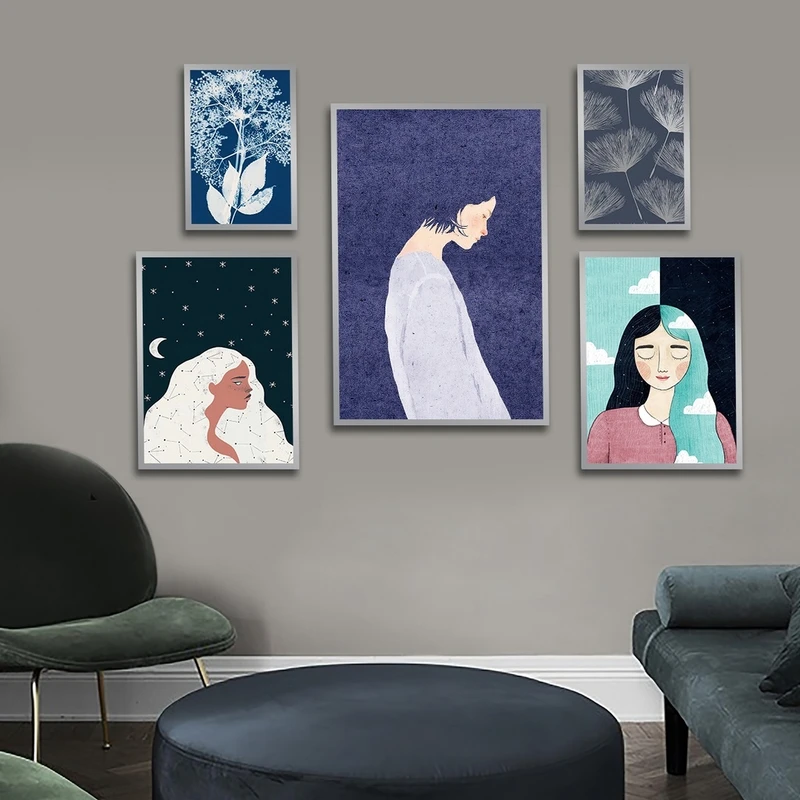 تابلو ساده بکلیت طرح نقاشی دخترانه و قاصدک مدل شاین اکلیلی SI-2636 فریم نقره ای مجموعه 5 عددی