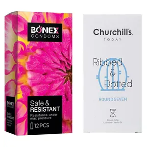 کاندوم چرچیلز مدل Round Seven بسته 12 عددی به همراه کاندوم بونکس مدل Safe  & Resistant بسته 12 عددی 
