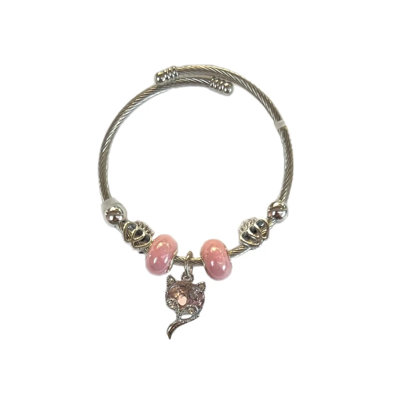 دستبند النگویی زنانه مدل مهره دار با طرح گربه کد B1