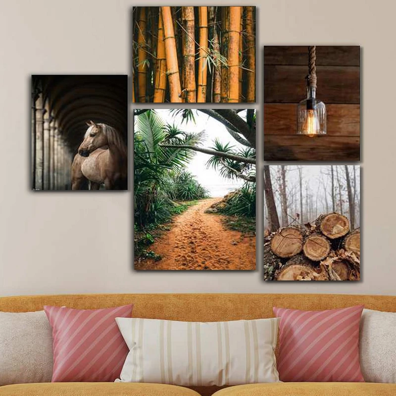 تابلو شاسی بکلیت طرح هیزم و بامبو و اسب مدل SH-368 مجموعه 5 عددی