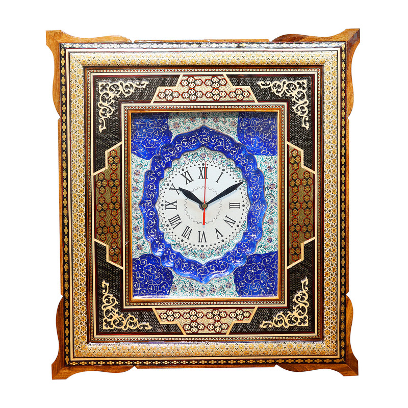ساعت دیواری خاتم کاری چوبی صنایع دستی فاخر مدل جاویدنگار طرح مه آرا کد 53p46in2922