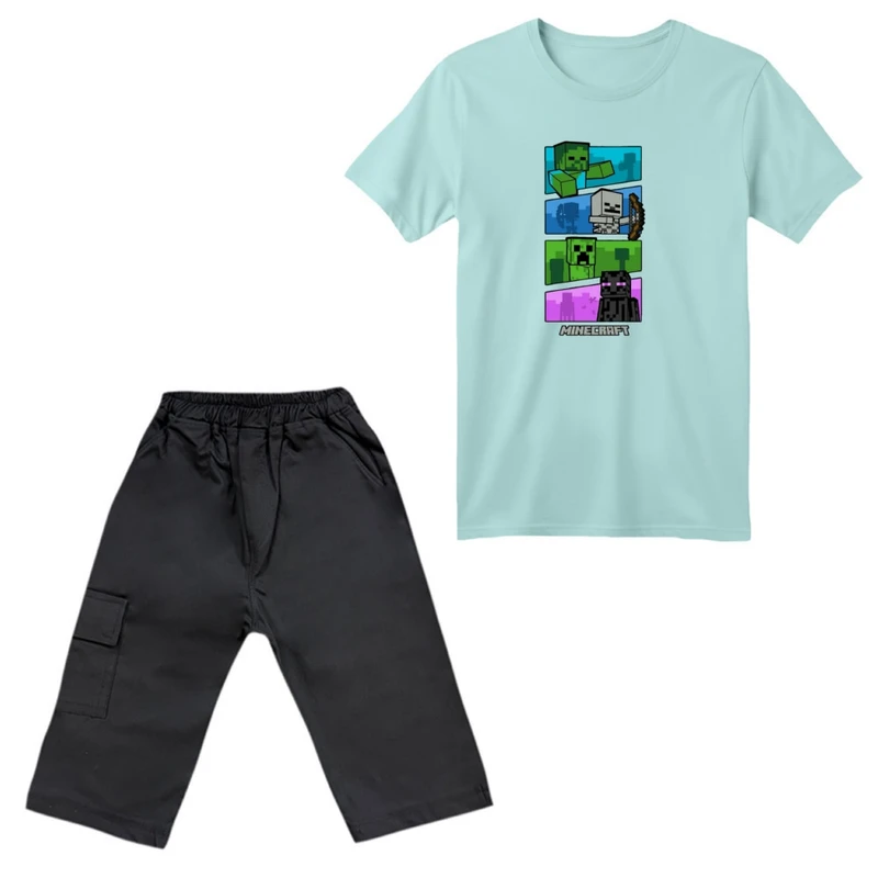 ست تی‌شرت آستین کوتاه و شلوارک پسرانه مدل ماینکرفت کد 03